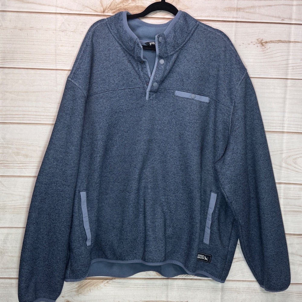 Eddie Bauer Mens Blue Sweater Fleece Snap Pullover Mock Neck XXXL